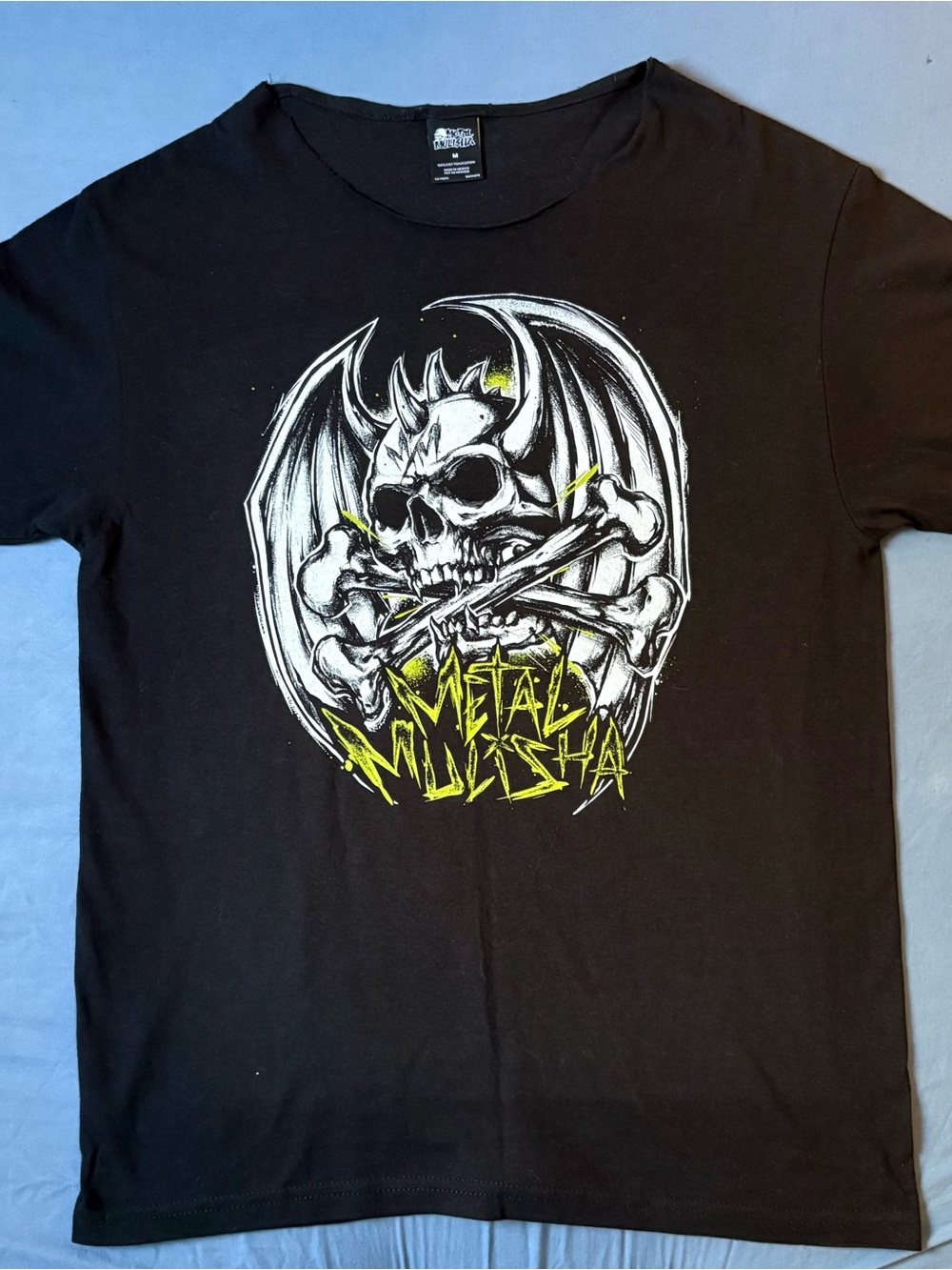 Metal Mulisha Black off shoulder Tee with Neon Yellow Skull Graphic